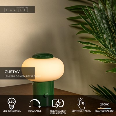 Lucide GUSTAV - Lámpara de mesa Recargable - Batería/acumulador - Ø 8 cm - LED Regul. - 1x0,8W 2700K - Verde | Essential